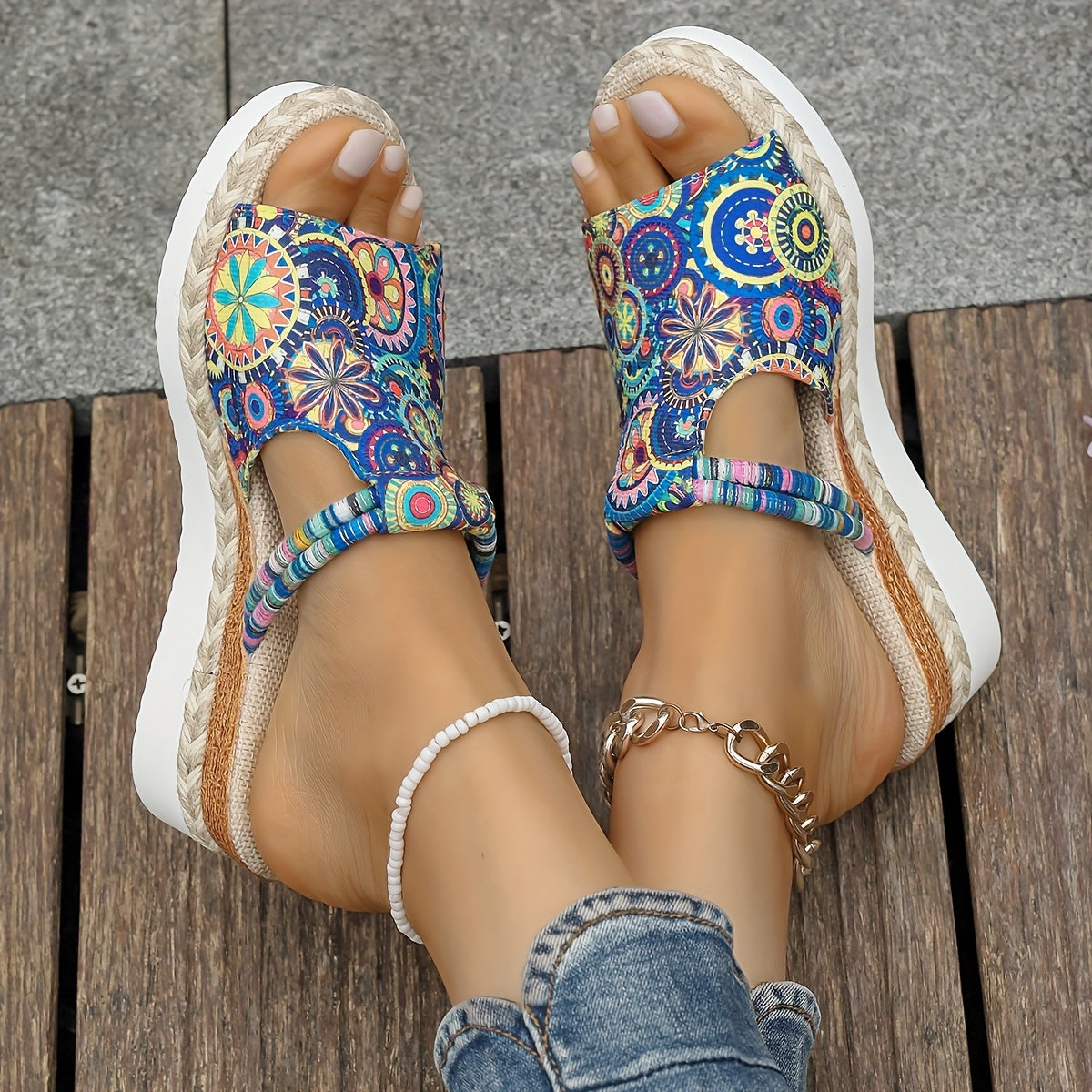 Women's Mandala Print Platform Sandals with Comfort Wedge Beach Slides.