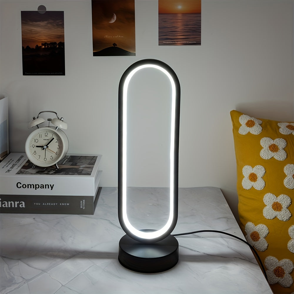 Sleek LED desk lamp with USB port, dimmable black and white lighting, metal base for bedroom and living room.