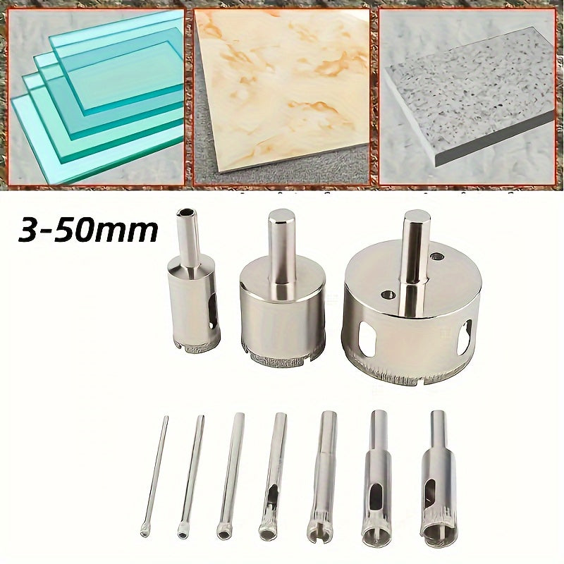 Set of 10 diamond-coated drill bits for cutting marble, glass, ceramic, and porcelain with power tools.