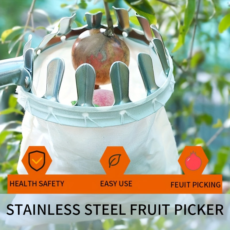 Durable stainless steel fruit picking tool for harvesting apples, oranges, and pears. Enhanced safety features. Ideal gift for New Year or Valentine's Day.