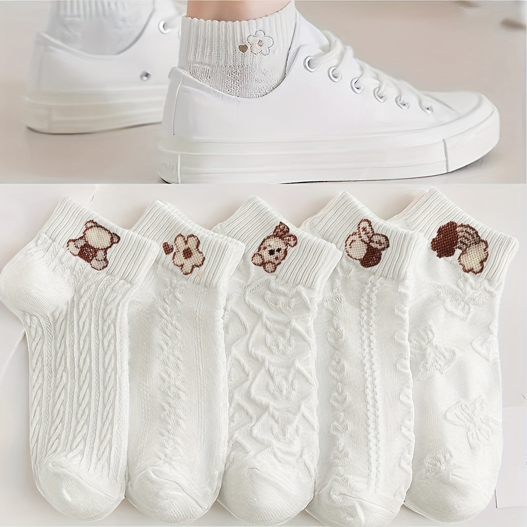 5 pairs of cute Japanese-style cartoon pattern short socks for women