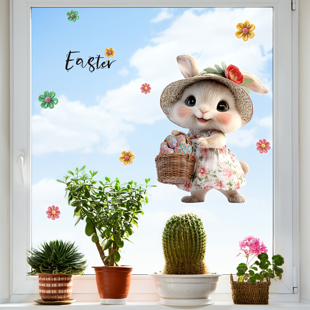 Easter Bunny and Eggs Floral Decorative Window Cling - a 20x30cm Double-Sided PVC Sticker with Contemporary Design, Static Adhesive Glass Decal that is Reusable for Home Decor in Living Room, Bedroom, or Bathroom. Product code: DJ4099-ZC.