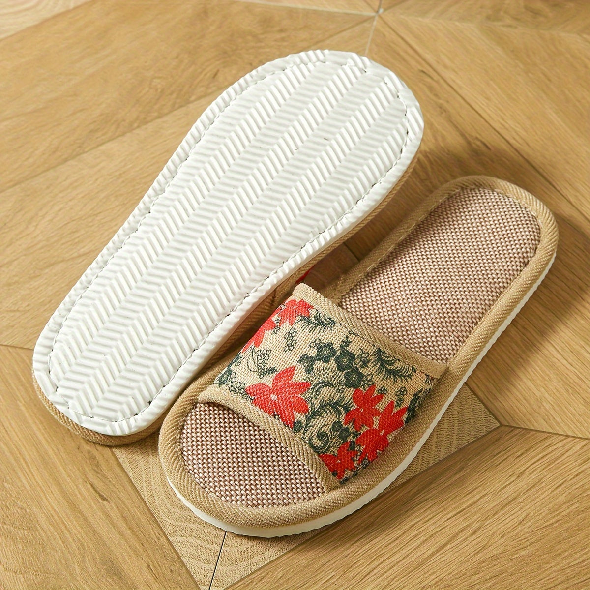 Womens Floral Linen Slippers with Soft Non-slip Sole for Home, Breathable Indoor Wear