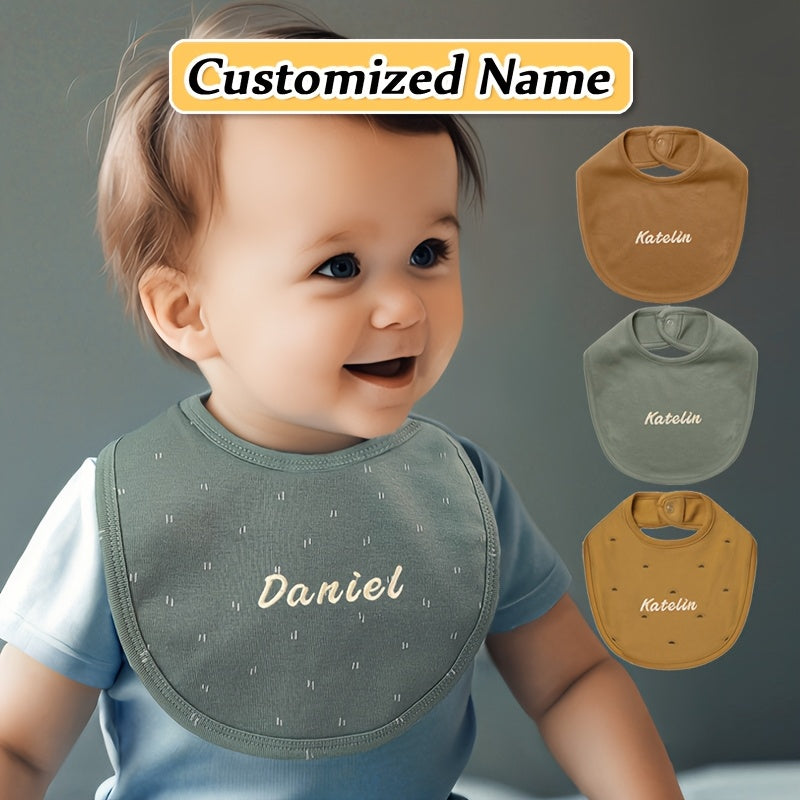 Customized Embroidered Name Adjustable Snap Bib made with Soft Absorbent Knit Fabric for Babies. This Non-Waterproof Feeding Drool Bib is great for Newborns and is Perfect for Christmas and New Year Gifts.