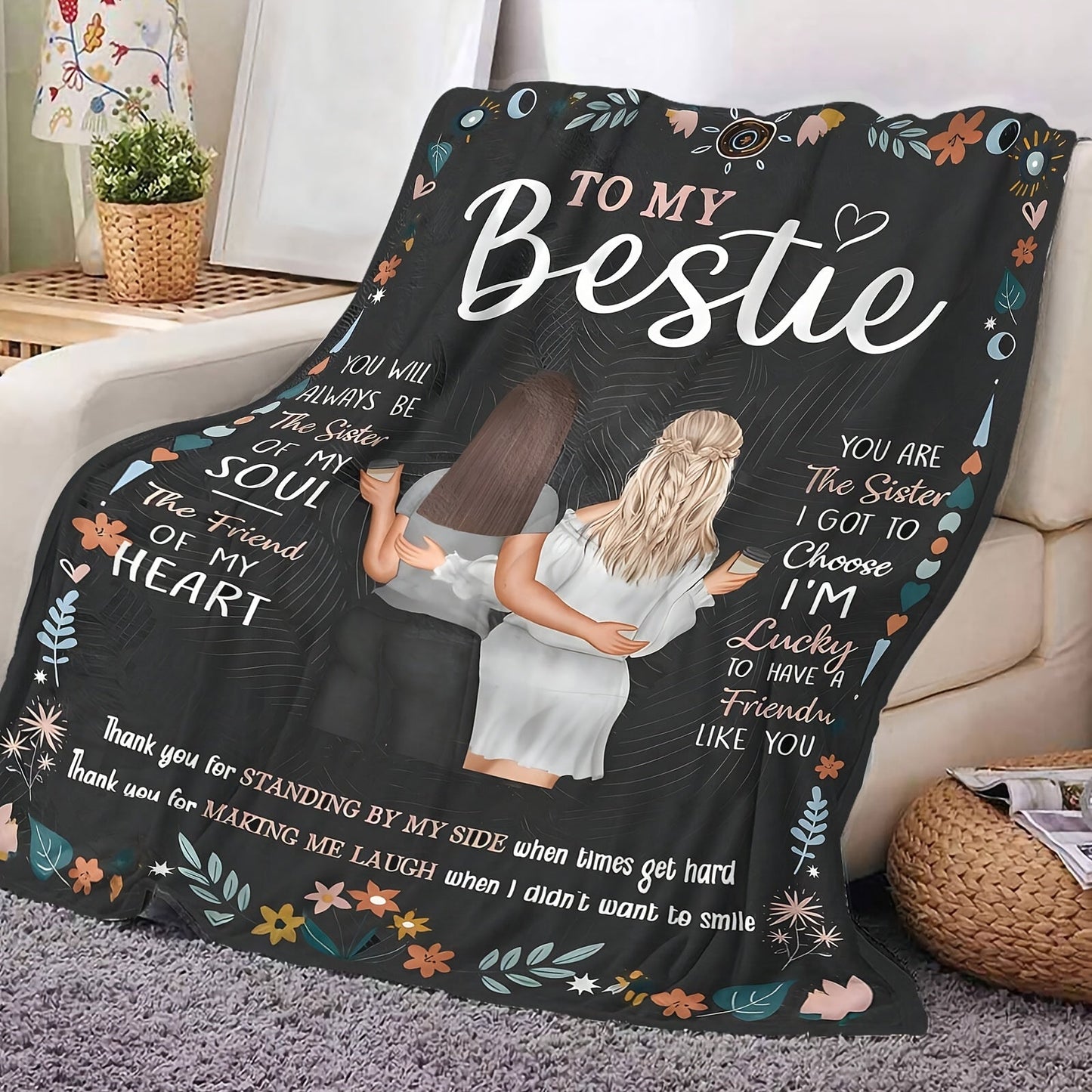 Give your best friend the gift of a modern reversible knitted polyester throw blanket - Easy to care for with machine washable and stain resistant features. Featuring a unique character theme and heartfelt sentiments, this blanket is perfect for all