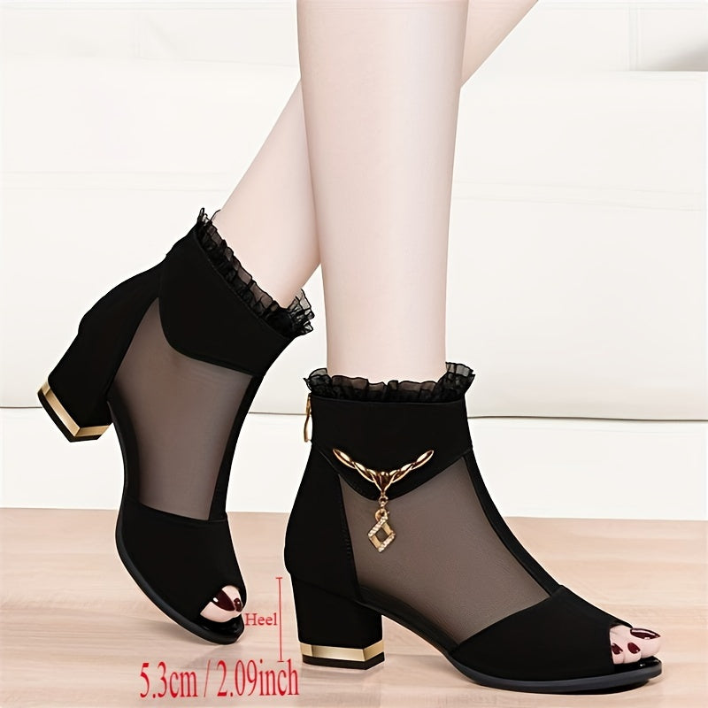 Breathable mesh chunky heel sandals for women with open toe, back zipper, and stylish design.