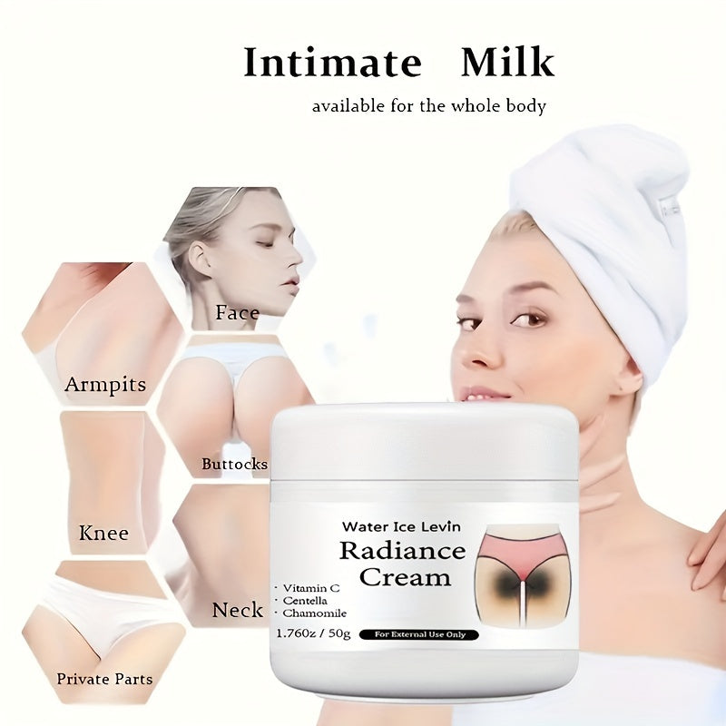 Whitening cream with Vitamin C to even skin tone, brighten intimate areas, underarms, and joints, and moisturize inner thighs and buttocks.