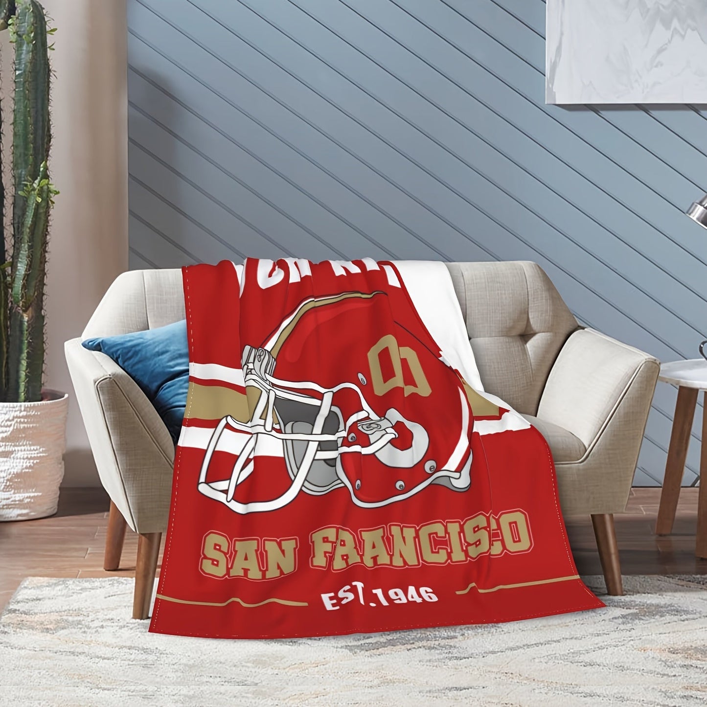 Personalized San Francisco Football Blanket - Customizable Name Throw for Bed or Sofa, Soft and Cozy Flannel Travel Blanket, Rectangular Polyester Woven Design, No Electricity Required, Perfect Home and Kitchen Decor for Football Fans of All Ages.