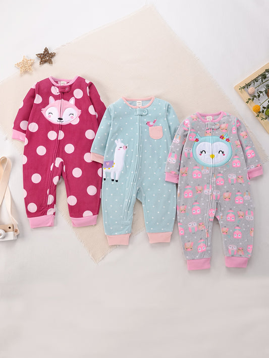 3 cozy fleece long sleeve bodysuits for girls with cute animal embroidery - owl, unicorn, and bird designs. Made of soft polyester, machine washable for autumn/winter. Colorful baby suits