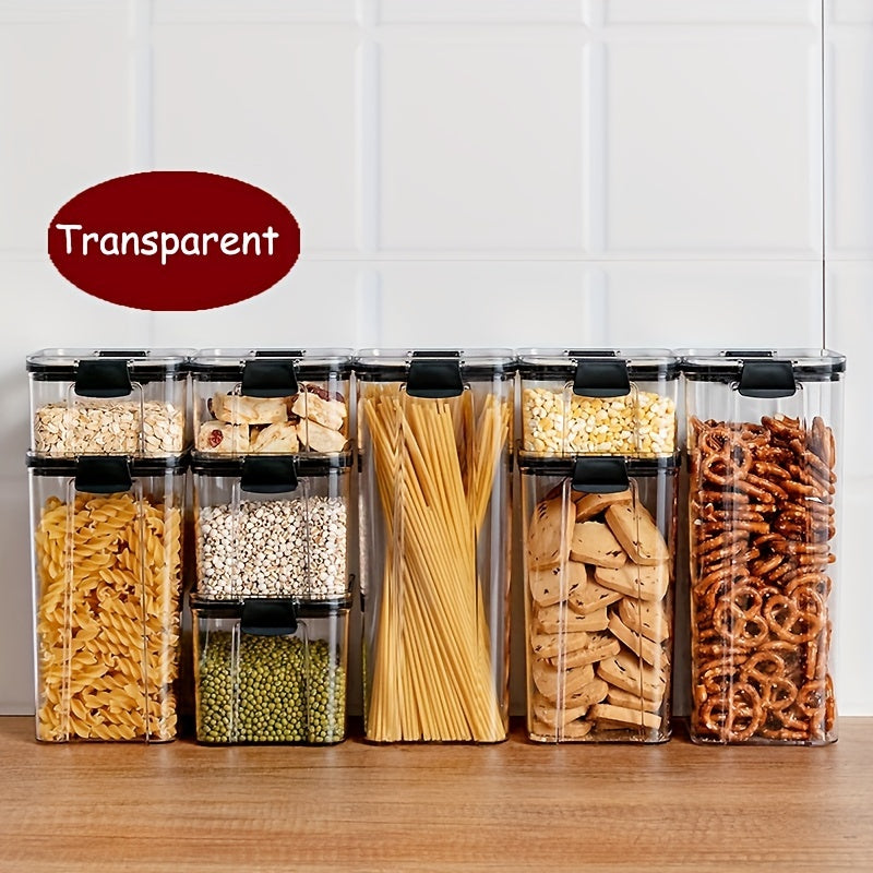 Set of airtight food storage containers - Clear plastic canisters with durable lids for organizing kitchen and pantry items like cereal, pasta, grains, nuts, and spices. BPA-free PET material, stackable design, and available in various sizes (small