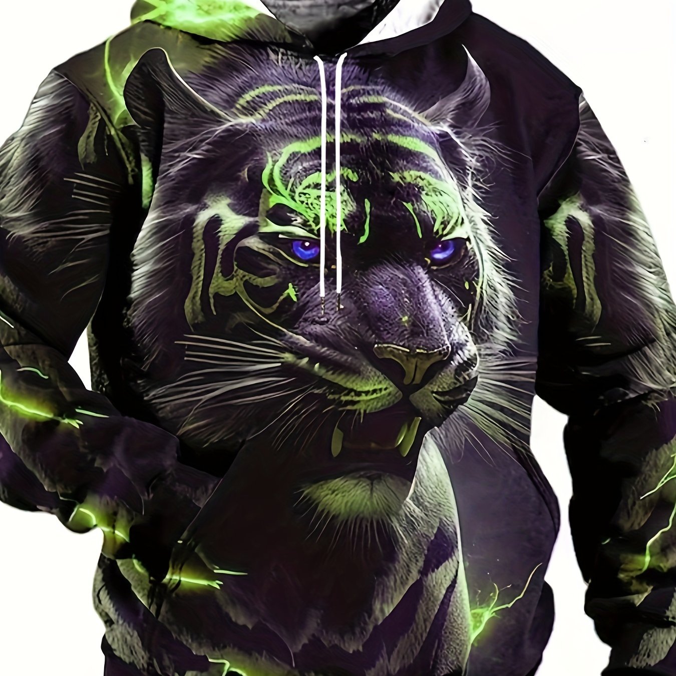 Oversized tiger print hooded sweatshirt for plus size men. Great for autumn/winter.