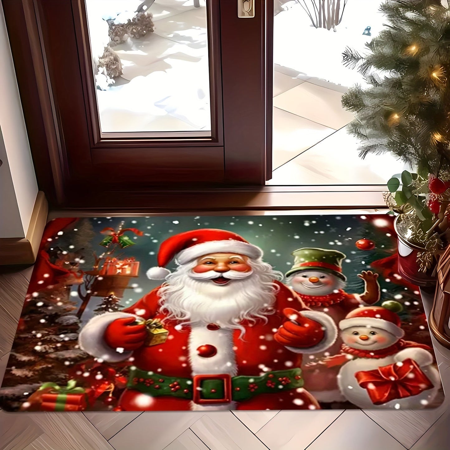 Get into the holiday spirit with our Festive Christmas Theme Door Mat featuring a charming Santa and tree design. This non-slip mat is easy to clean, stain-resistant, and machine washable, making it perfect for any room in your home or office. Its