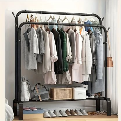 Large capacity, floor-standing clothes drying rack with double pole design. Suitable for bedroom, balcony, or bathroom. Requires self-assembly.