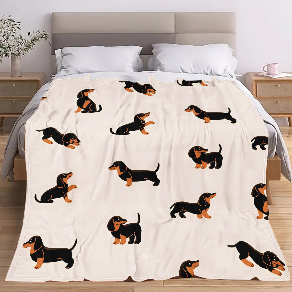 Bohemian Style Dachshund Print Flannel Throw Blanket - Lightweight, Soft and Cozy, All-Season Use, Knitted Polyester Material, Digital Print Design, Quilted Pattern, Hypoallergenic - Hand Wash Only, 250-300gsm