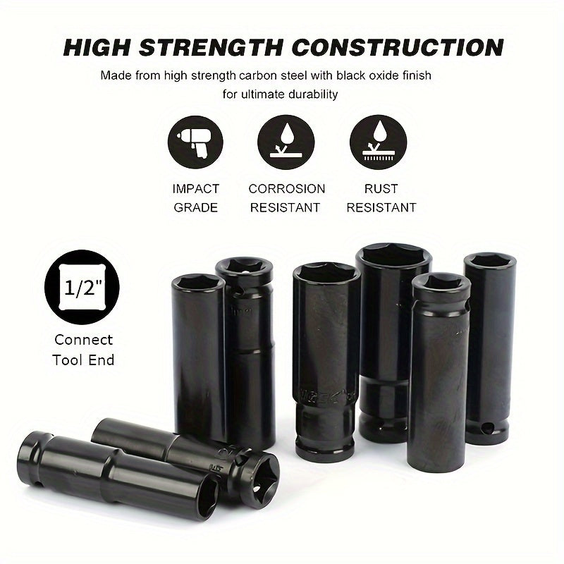 11 piece 1/2in. Impact Power Wrench Socket Adapter Set with 10-24mm sockets, made of carbon steel and includes a portable storage case.