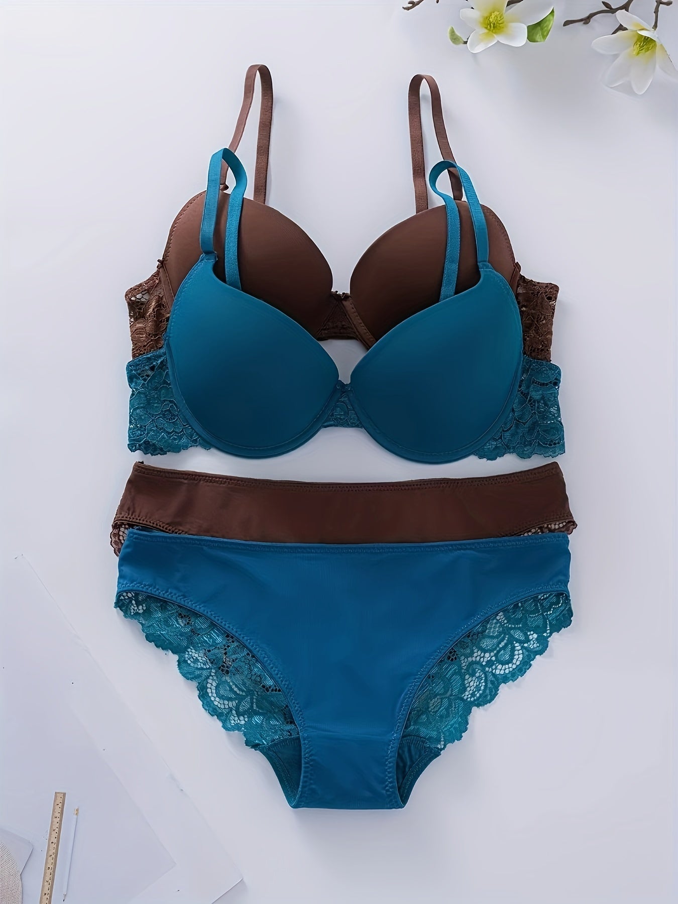 Teal and Brown Lace Lingerie Set - Adjustable Push-Up Bra with High-Support Panties, Non-Padded, Nylon/Elastane Blend