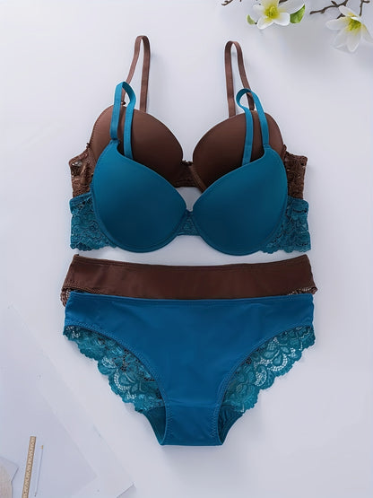 Teal and Brown Lace Lingerie Set - Adjustable Push-Up Bra with High-Support Panties, Non-Padded, Nylon/Elastane Blend