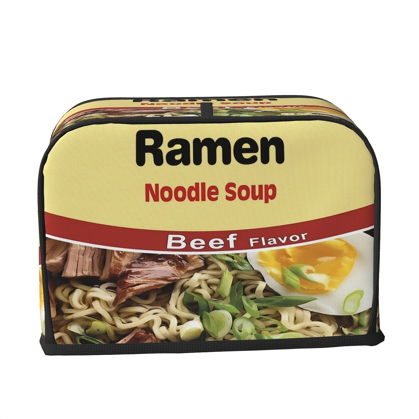 Introducing a charming ramen print toaster cover featuring beef and chicken flavors, crafted to safeguard your toaster from dust and fingerprints. This cover is conveniently machine washable and designed to fit two-slice toasters, ensuring it remains a