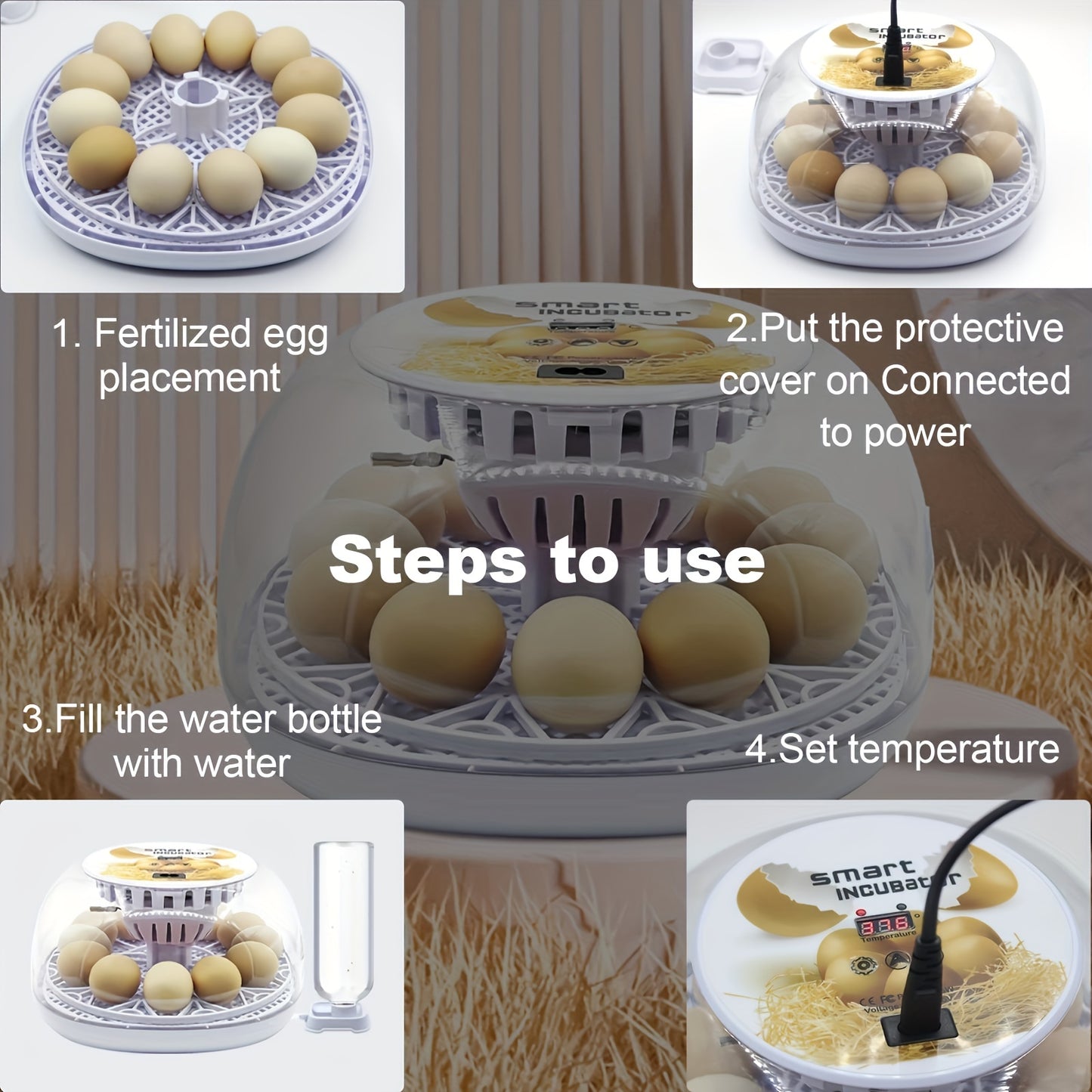 12-egg incubator with automatic turning and temperature control for hatching various bird eggs, suitable for industrial scientific lab use with 220V-240V power supply and European plug.