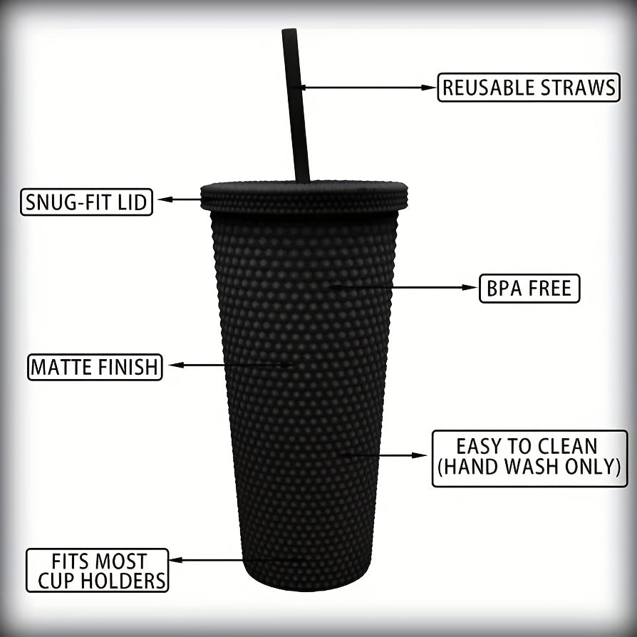 1pc studded cup with lid and straw, 24oz matte cups, BPA-free tumbler, shiny plastic water cup, double-layer water bottle, reusable vent cup, drinkware, home kitchen items, birthday gift