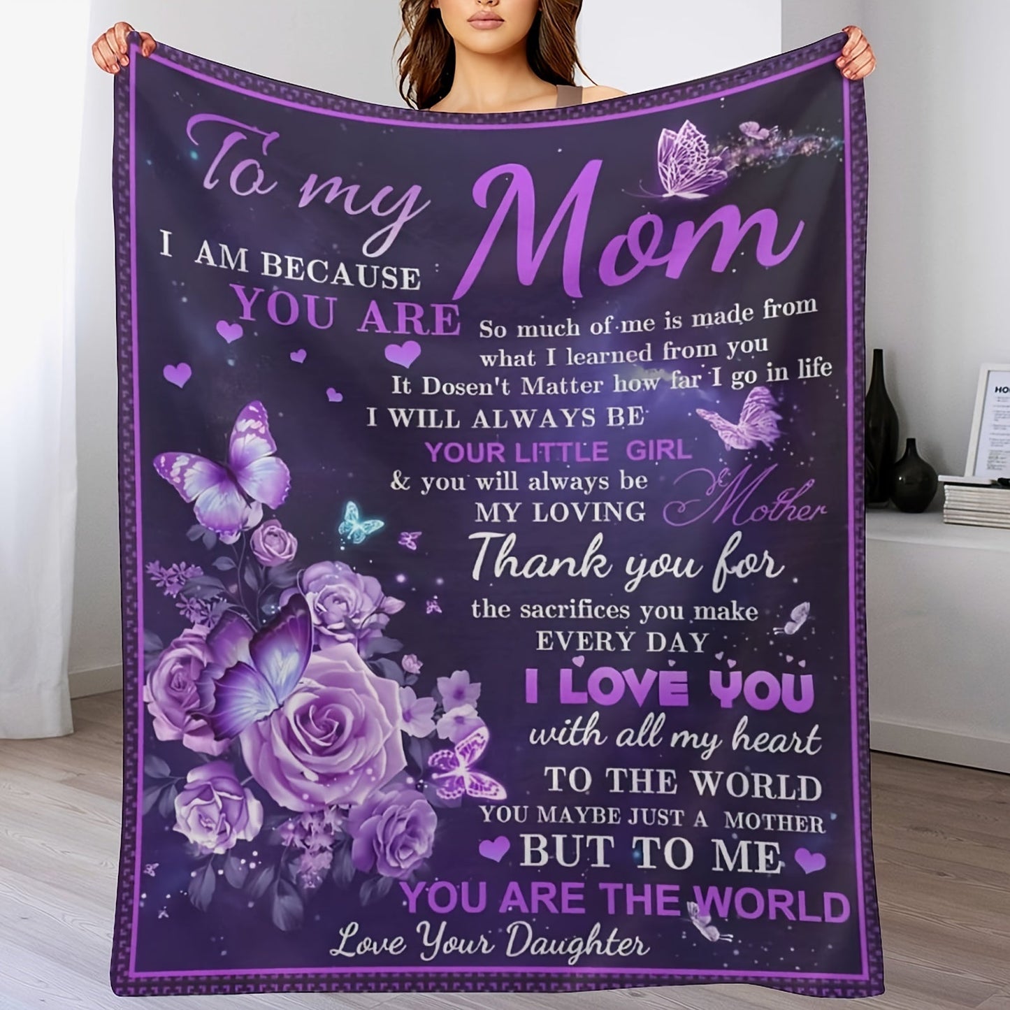 Beautiful Purple Flowers and Butterfly Print Blanket - A Special Gift for Mom from Daughter! Warm and Soft Throw Blanket to Show Your Love and Appreciation. Perfect for Mother's Day, Birthday, or Women's Day!