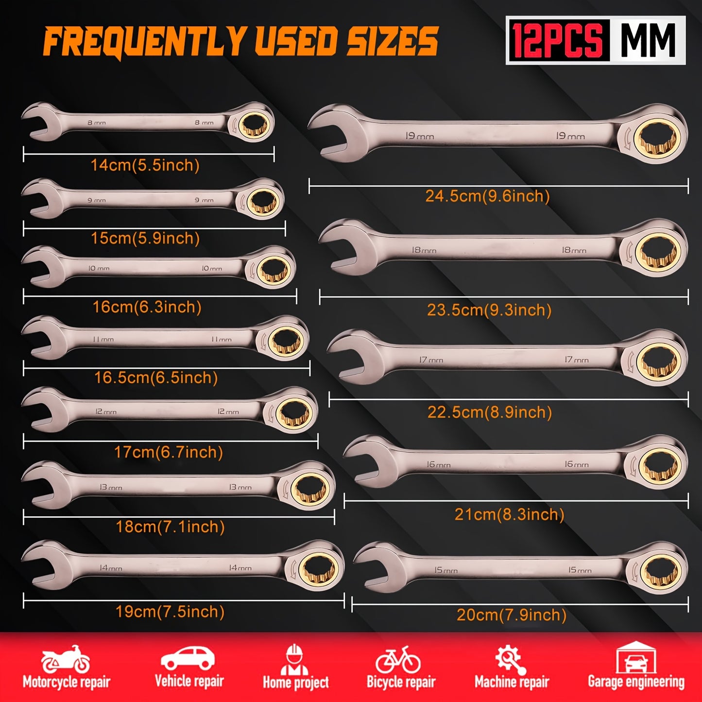 12-piece Metric Ratcheting Combination Wrench Set (8mm-19mm) with 72-Tooth Ratchet, Chrome Vanadium Steel, Nickel plated, includes Handheld Wrench Holder. Great gift idea.