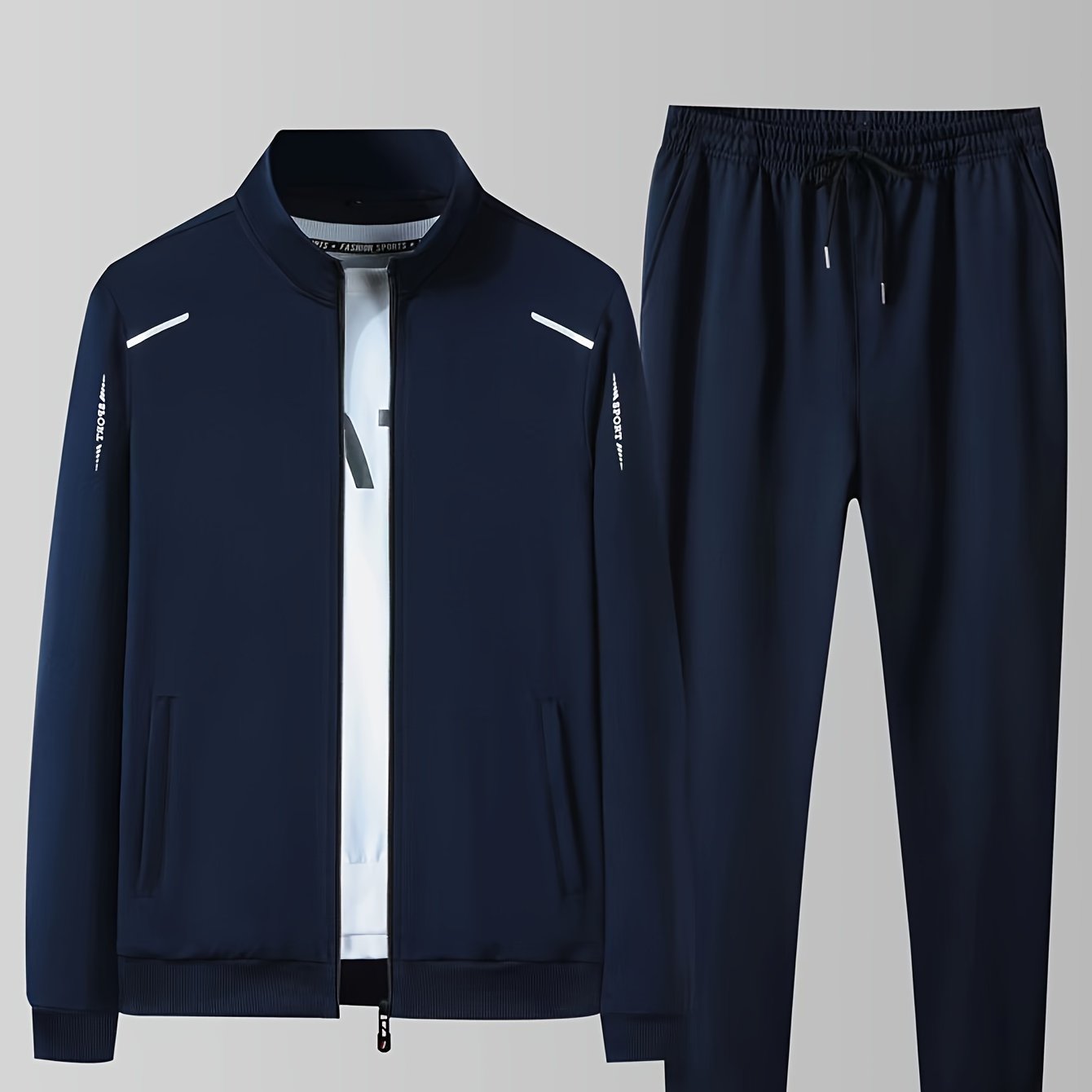 Men's two-piece casual sports suit with stand collar open shirt for spring and autumn.