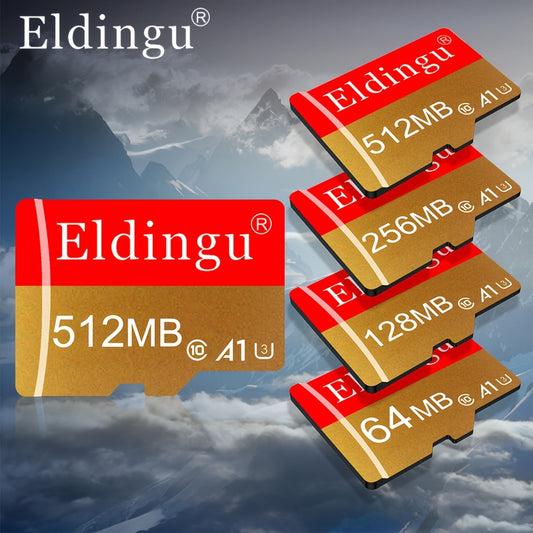 ELDINGU High-Speed Flash Micro SD Card, available in 64MB to 512MB sizes. Reliable TF/SD card for various devices. Secure file storage with a golden metallic finish and durable casing.