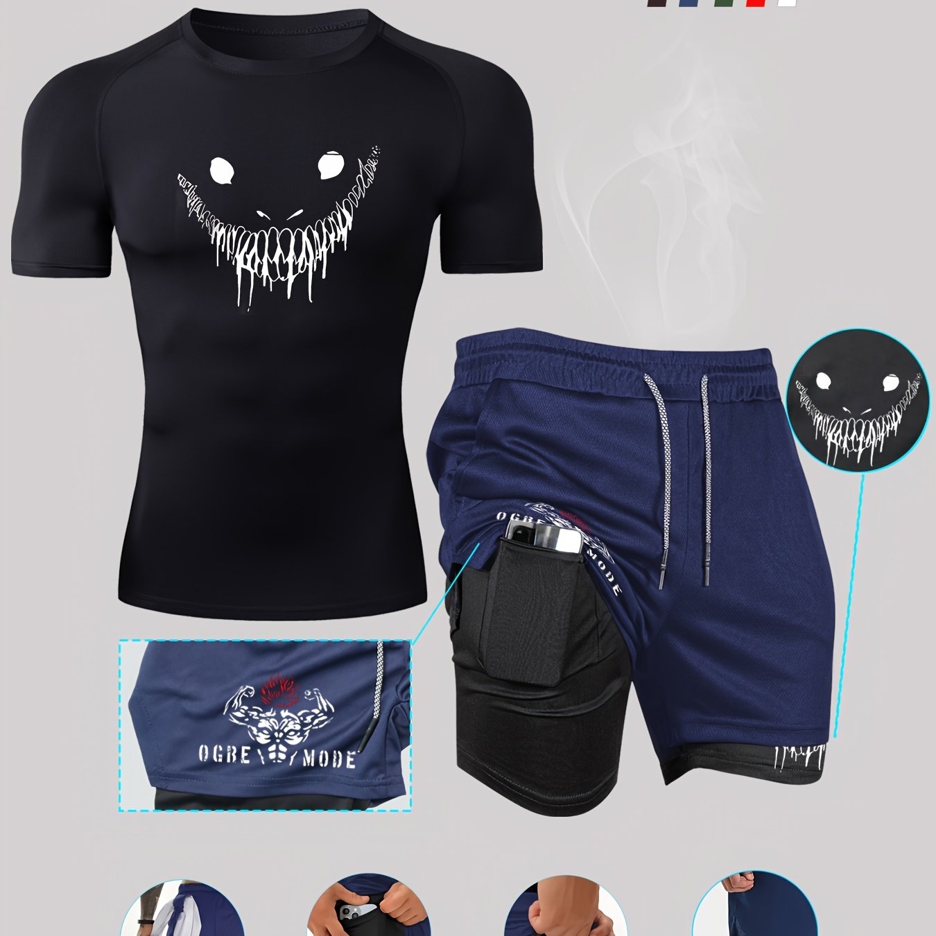 Men's 2-piece sportswear set: Quick-dry compression t-shirt with print design and crew neck, paired with multi-pocket running shorts made of breathable knit fabric.