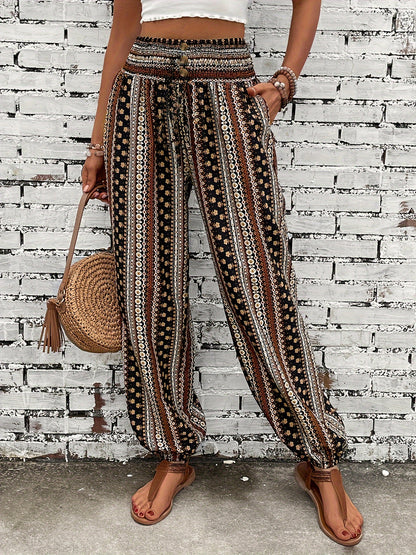 Ethnic style printed pants for women with pocket, button, and elastic waist in plus-size.