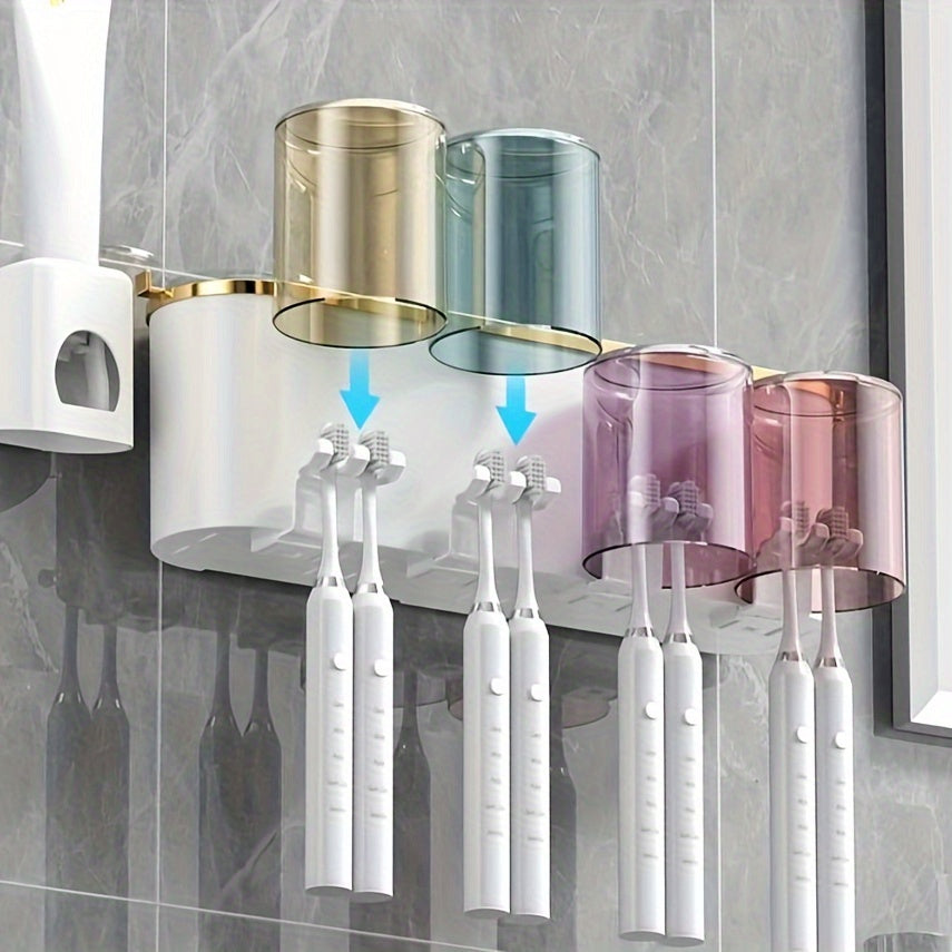 Multifunctional wall-mounted toothbrush and toothpaste holder with squeezer, punch-free design. Clear plastic organizer for electric toothbrushes, includes mouthwash cup storage shelf.