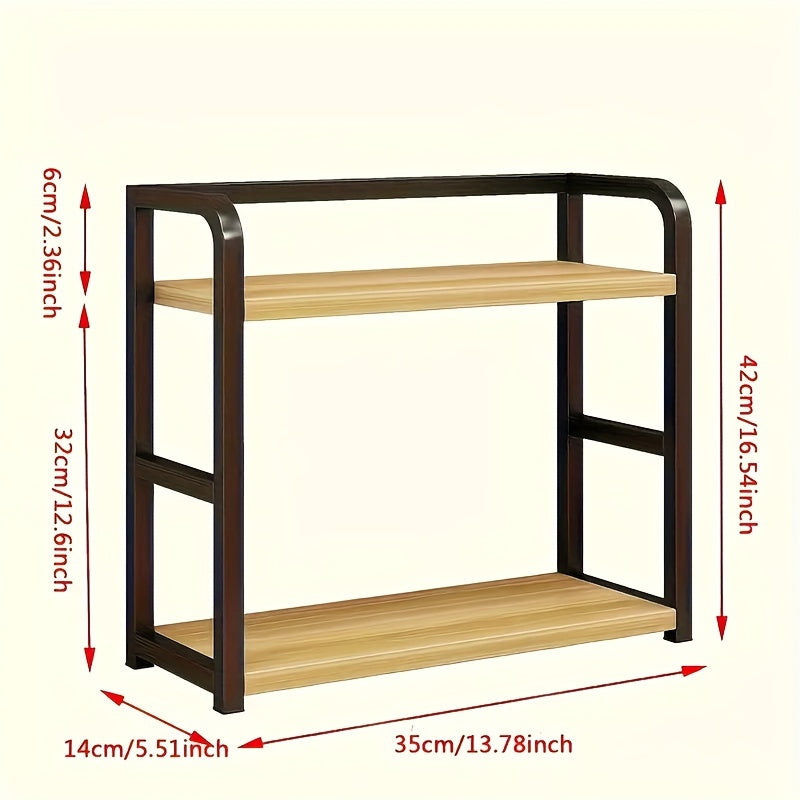 Multifunctional Kitchen Storage Rack Organizer, featuring a combination of wood and metal shelves, made with durable hardwood artificial board and a sturdy metal frame. No electricity required, perfect for organizing kitchen accessories and supplies.