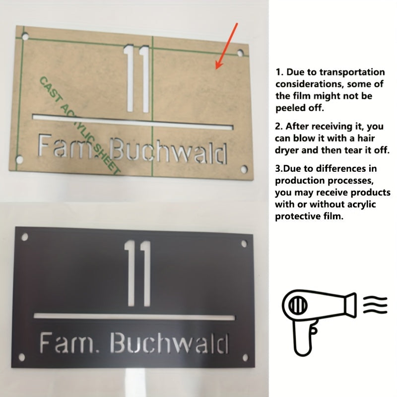 Custom British house number sign made from laser-cut acrylic with a matte gray and silvery mirror finish.