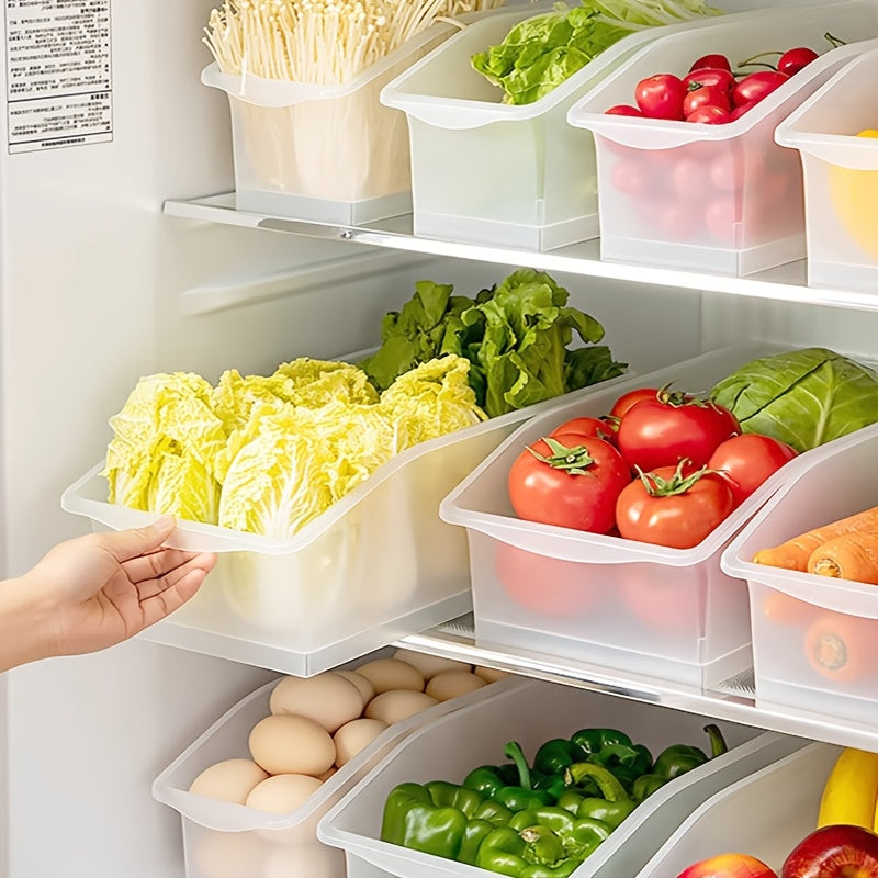 Sliding Refrigerator Organizer Bins - Set of 4, Stackable Storage Drawers for Fruits, Vegetables, Eggs, and Frozen Foods. Multi-functional Kitchen Organizer with Rolling Casters and Food-Safe Plastic Material ideal for Countertop and Sink Organization.