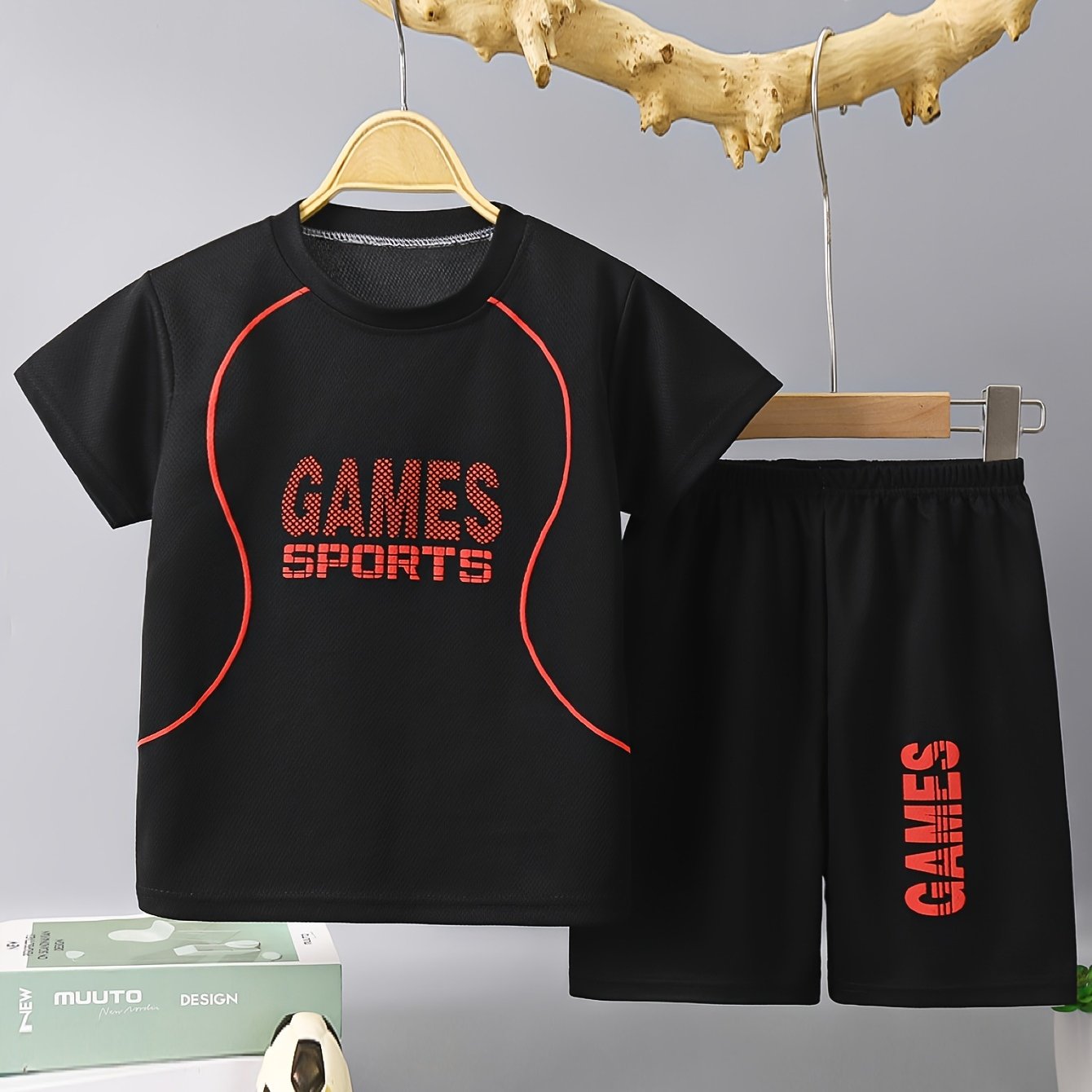 Boys' 2pc quick-drying outfit with GAMES SPORTS print t-shirt and shorts for summer outdoor wear.