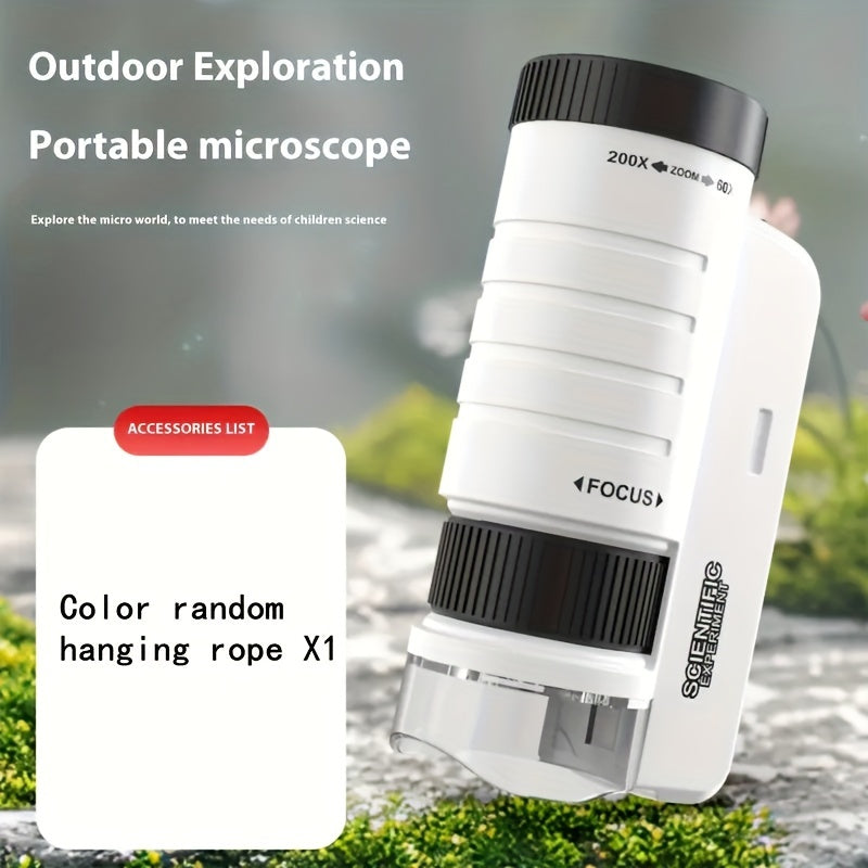 Portable handheld mini microscope with LED light for kids, 60X-200X magnification, PVC material, ideal holiday gift for boys and girls, perfect for back-to-school science toy in