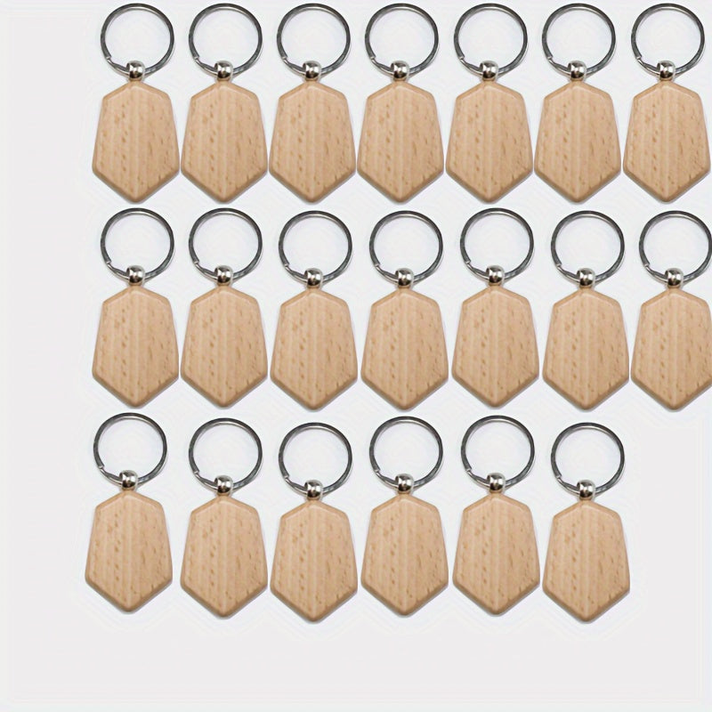 Twenty pieces of wooden key chain blanks, rectangular in shape, suitable for key chains. These wood blanks can be engraved and used for making jewelry and other craft projects.