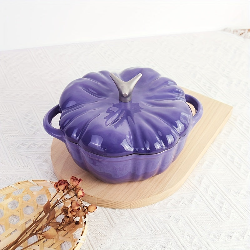 This versatile pumpkin-shaped enamel cast iron pot is perfect for the home, ideal for making soups. It is non-stick and can be used on induction, ceramic, electric, halogen, and gas cooktops.