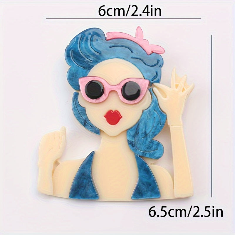 Retro Glasses Lady Head Pendant in Vintage Style Acrylic Pin, Perfect for Clothing Accessories