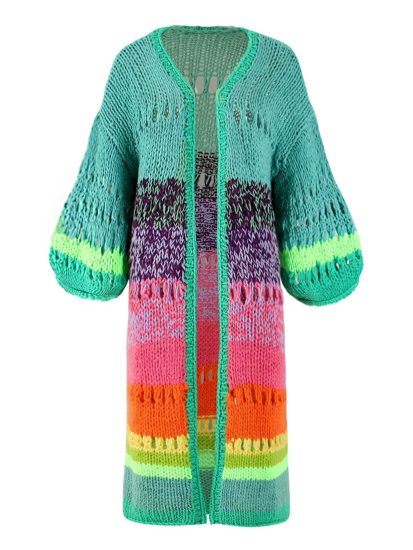 Colorful hand-knitted women's coat with gradient bright colors, retro lantern sleeves, and ribbon details. Chic and fashionable boho style.