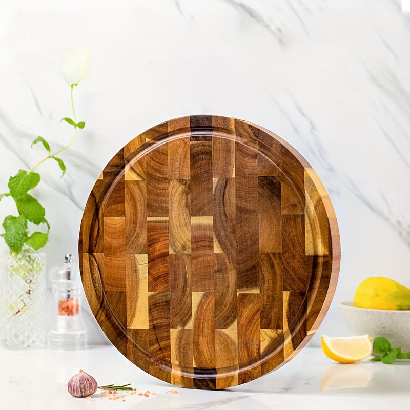 Round Acacia Wooden Serving Board - Durable Solid Wooden Cutting Board for Chopping Meat, Vegetable, Steak, and Fruit - Kitchen Household Essential - Food Supplement Serving Board and Fruit Cutting Pad - Kitchen Supplies