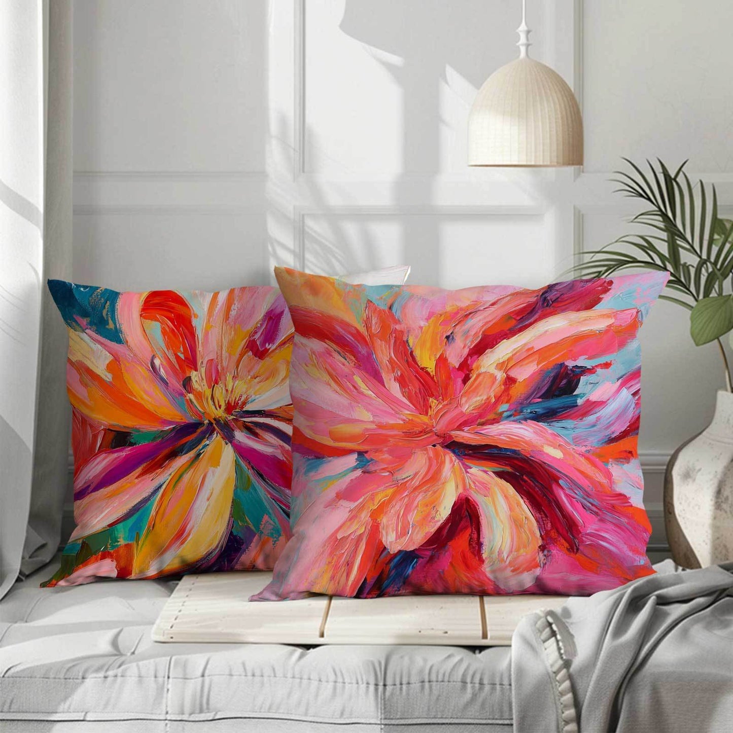 A collection of 4 modern floral throw pillow covers, featuring a fantasy theme. Made from machine washable polyester with a zipper closure. Inserts are not included, suitable for all-season comfort and perfect for Christmas décor, as well as use in the