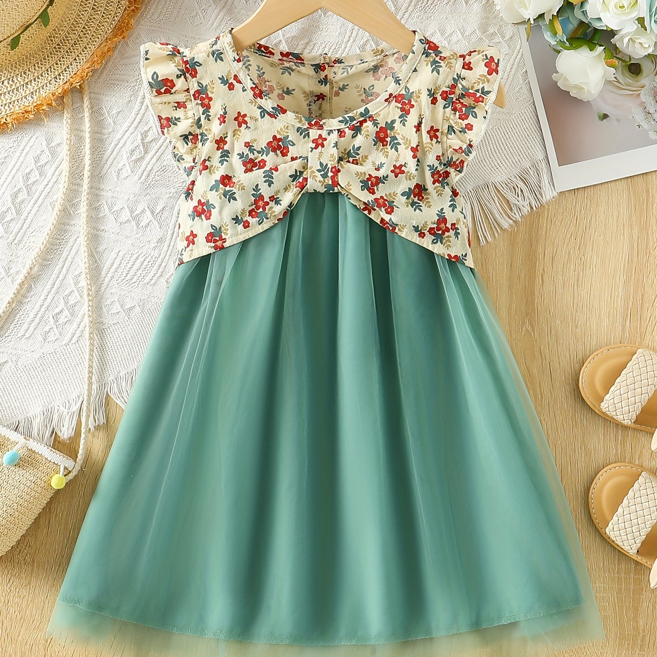 Spring/Summer Flower Print Ruffle Trim Tulle Dress for Girls