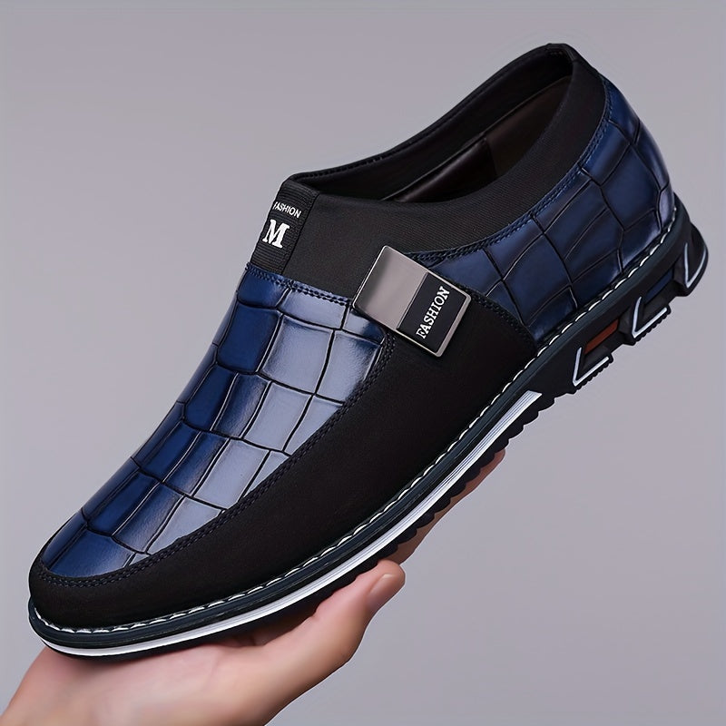 Men's slip-on business casual shoes with synthetic microfiber leather, anti-slip rubber sole, PU inner lining, and low top design for daily wear in spring/fall season.