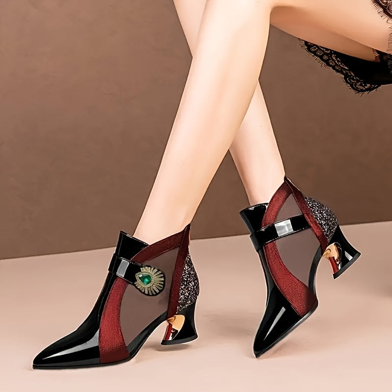 Stylish women's pointed-toe high heels with mesh cutout ankle boots, rhinestone detail, and back zipper closure for casual wear in color block design.