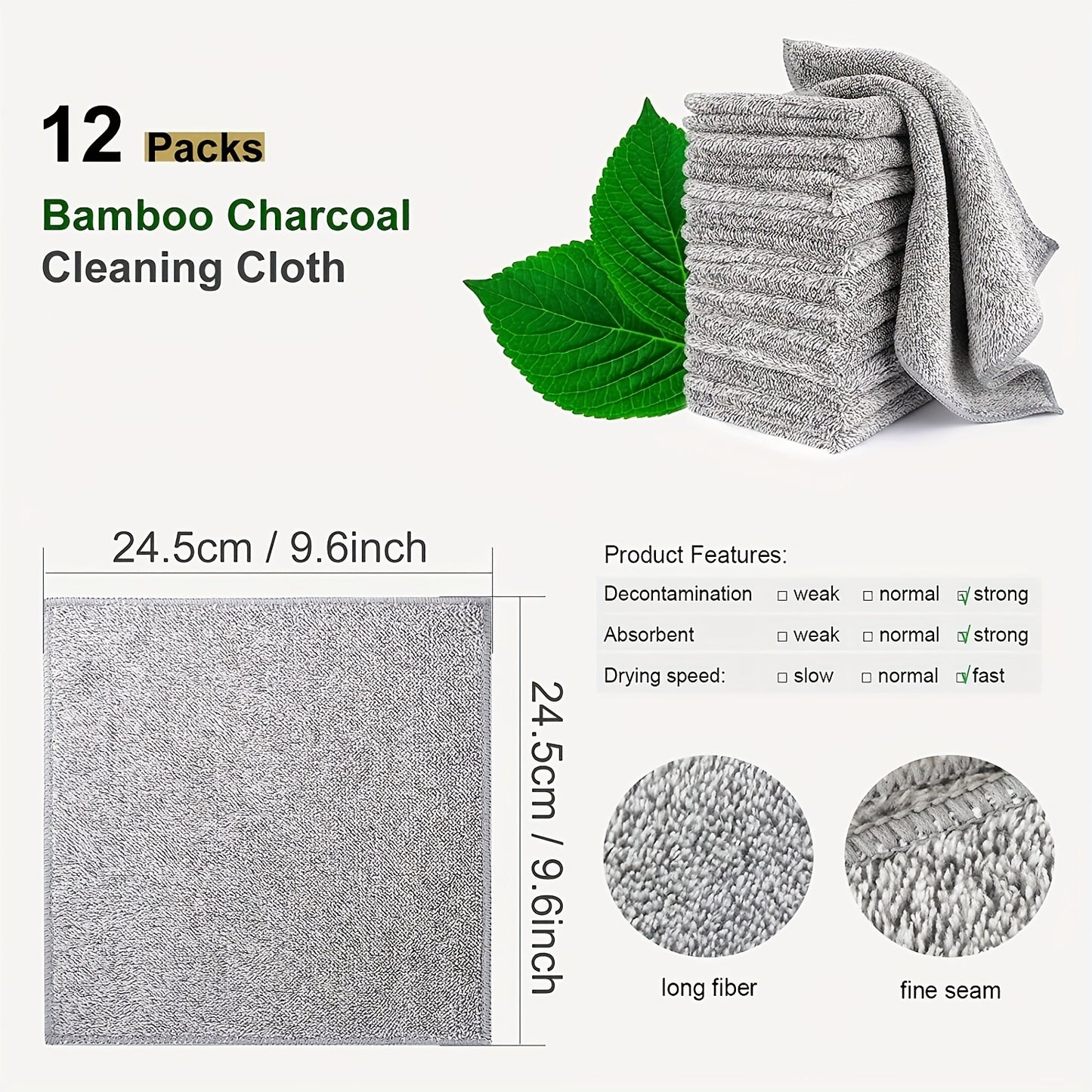 12pcs Kitchen Dish Towels made of Bamboo Charcoal Fiber, Highly Absorbent and Fast Drying, Nonstick Oil Washable Dish Rags.