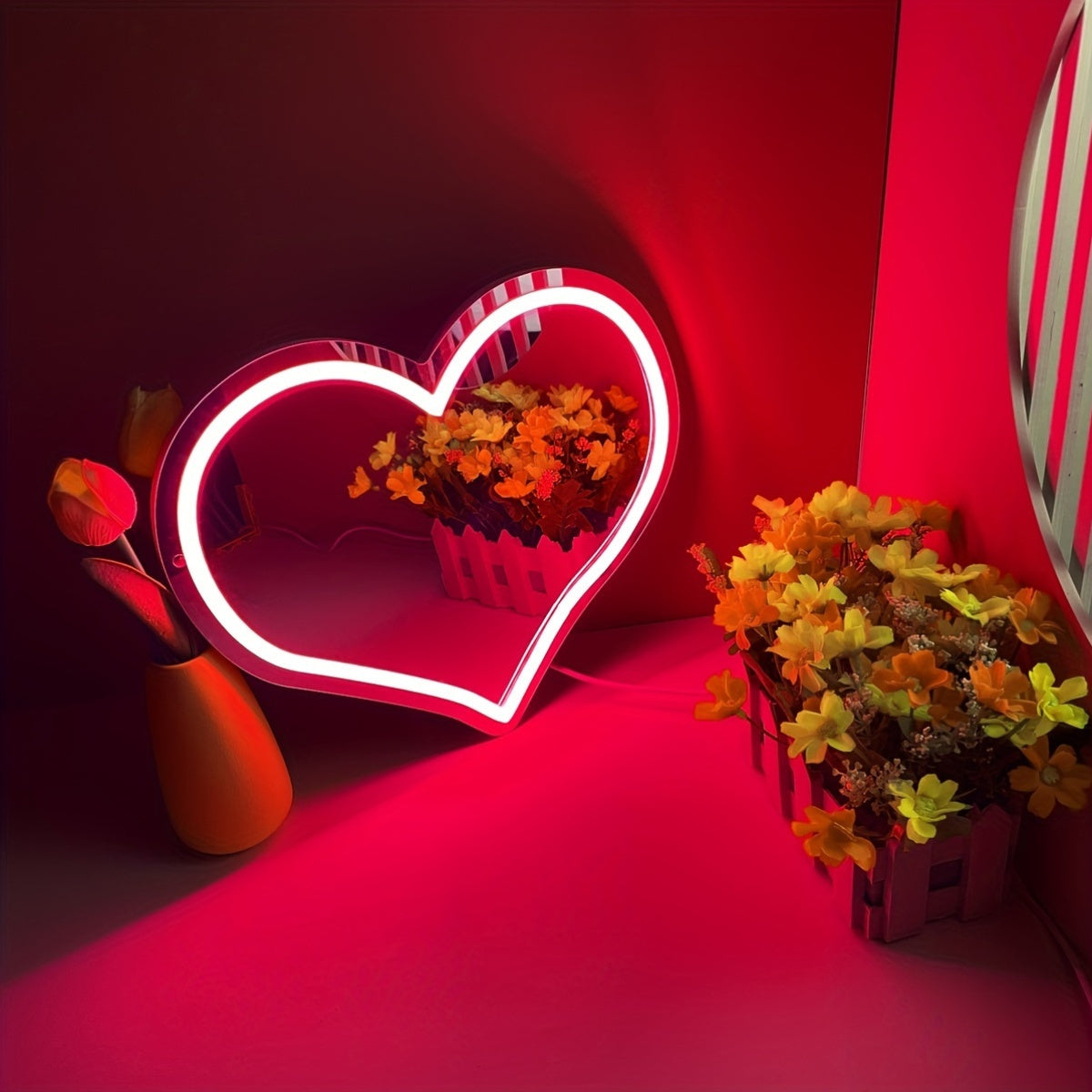 Pink Heart Neon Mirror: Wall-mounted, USB-powered plastic mirror with switch control for versatile use.