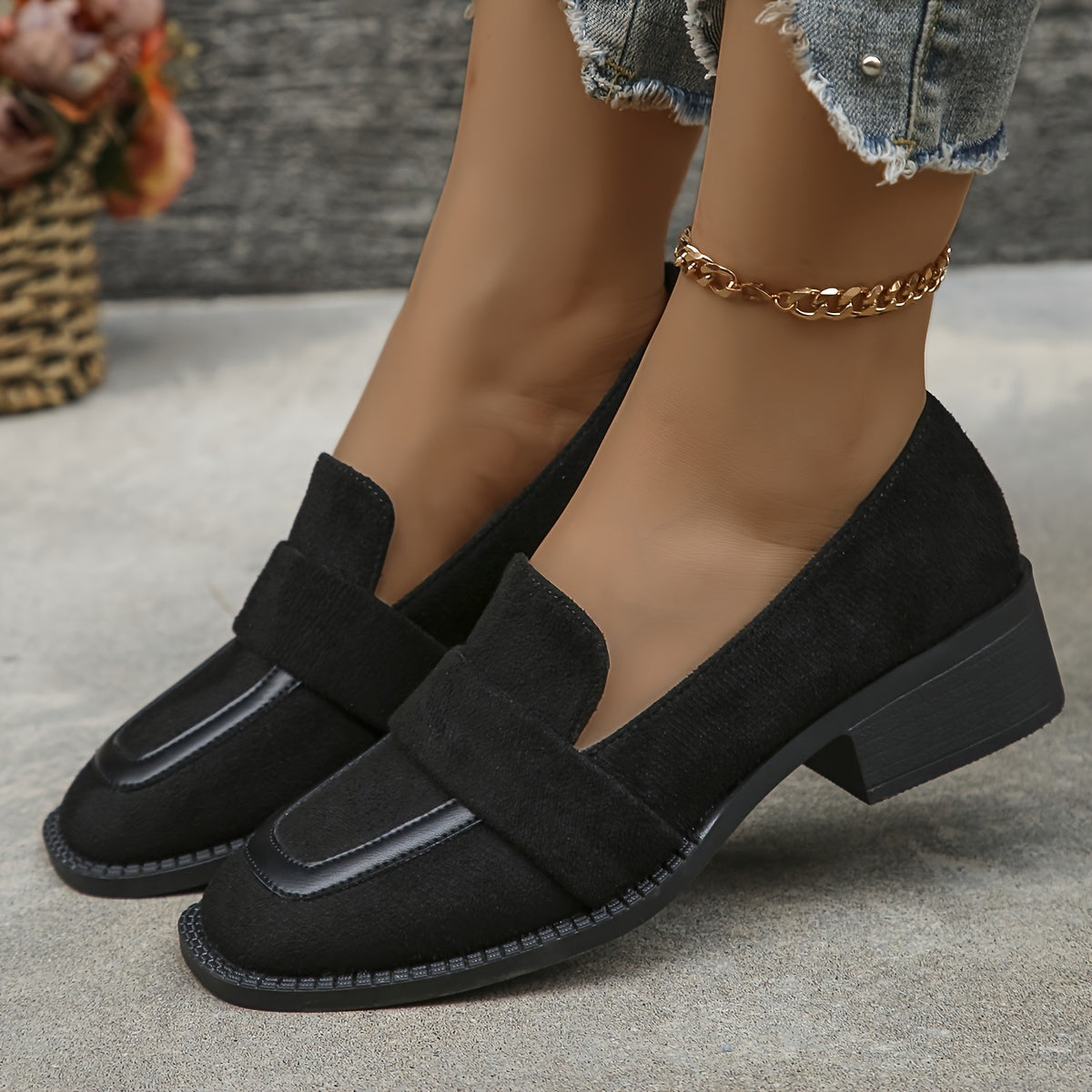 Square-toe low heeled work loafers for women in chunky style.