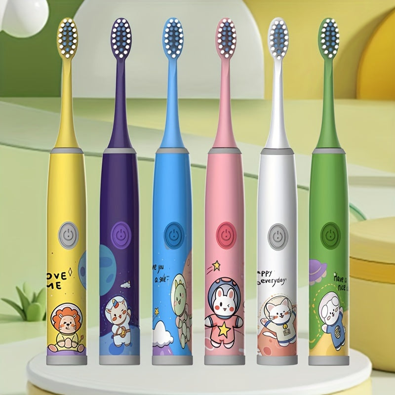 Kids Space Series Electric Toothbrush TKM-3-D for ages 3-15 features 5 modes, long battery life, gentle bristles, and a smart timer. Battery operated (battery not included).