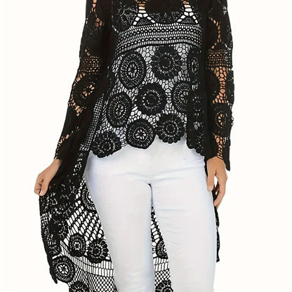 Women's Elegant Crochet Floral Cover-Up with Bohemian Style, Long Sleeve, Round Neck, High-Low Hem Beach Tunic for Swimwear and Resort Wear.